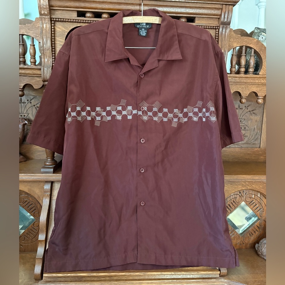 City Impact Men's Y2K Maroon Button Down embroidered Shirt size medium
